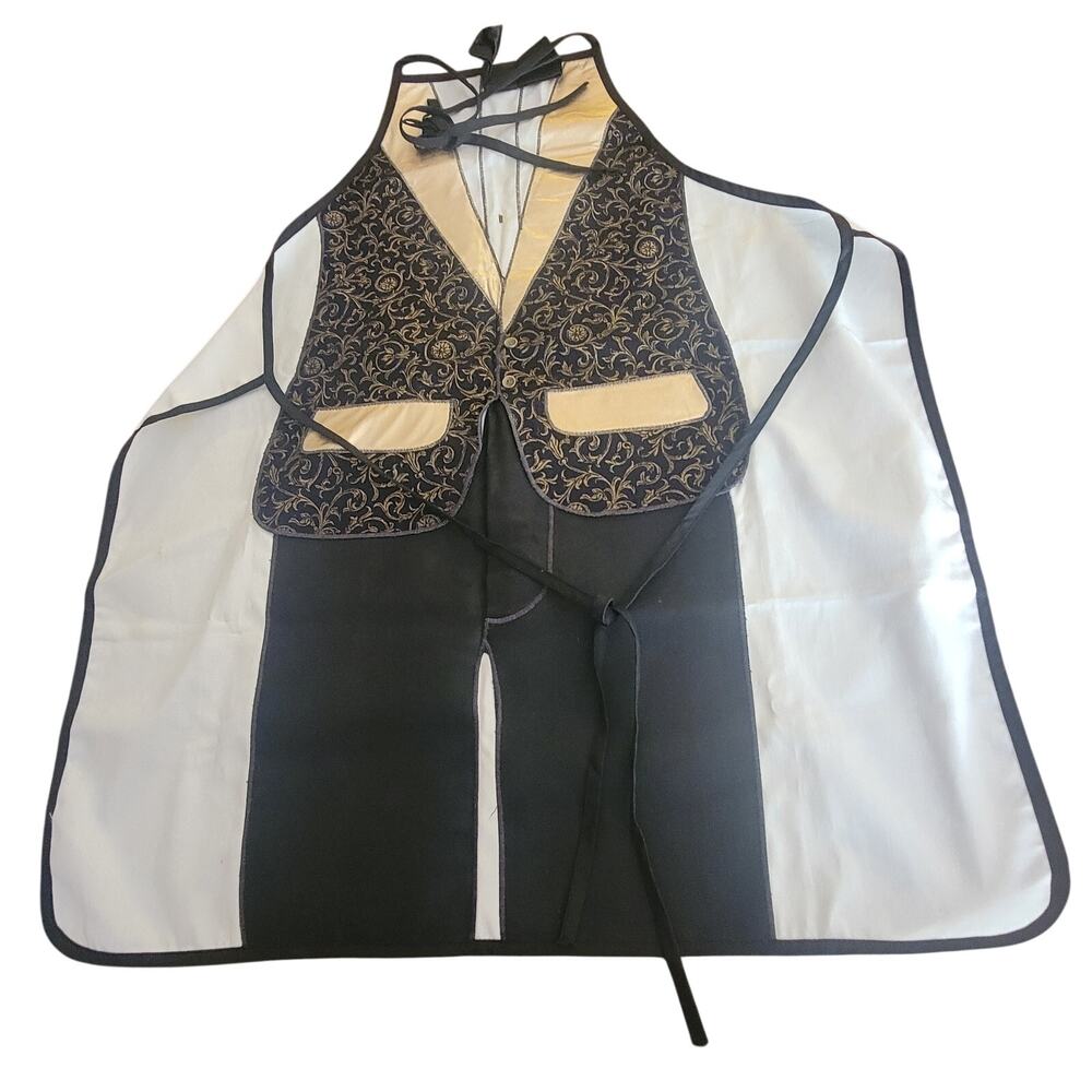 Vintage Y2K Novelty Tuxedo BBQ Cooking Apron Gold Black Brocade Vest Print Retro
